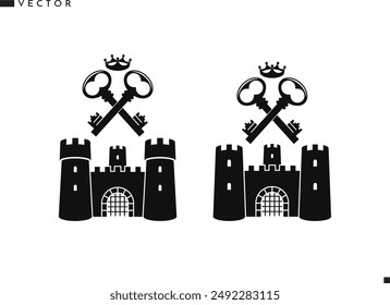 Old castle with keys and crown sign. Vintage style vector. Isolated castles on white background. Antique architecture logo