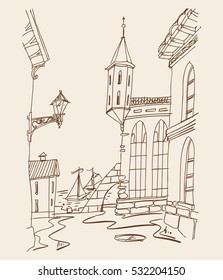 Old Castle and the lamp on the wall on the sea shore. Vector illustration.