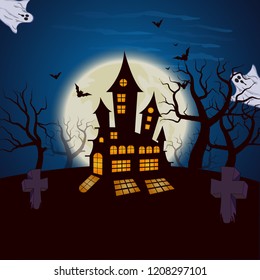 Old castle with lights in the windows. Big moon on the background with flying bats and ghosts.