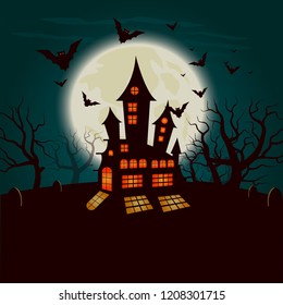 Old castle with lights in the windows. Big moon on the background with flying bats.