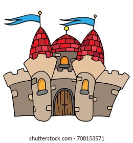 An old castle made of stone. Castle with flags on the roof. Vector illustration.