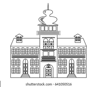 Old castle monochrome drawing, architectur sketch in black outline on white background