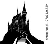 
An old castle in the mountains with a road leading to the gates. Vector illustration of a black silhouette on a white background. For your designs in an old architectural style.
