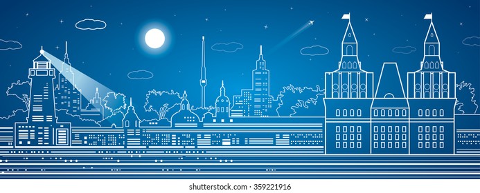 Old castle, night town on background, city infrastructure, vector design art composition