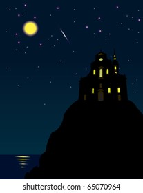 Old castle on cliff and dark night with moon and stars
