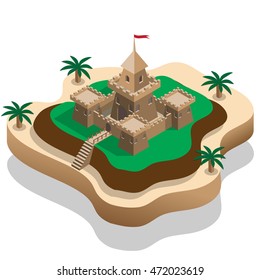 Old castle on the hill. Isometric. Vector illustration.