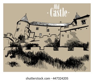
Old castle on the hill . Vector freehand drawing , engraving .