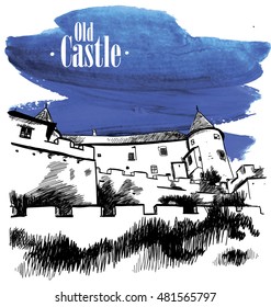 Old castle on the hill. Vector freehand drawing, engraving.