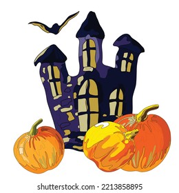 old castle with orange pumpkins, halloween vector illustration