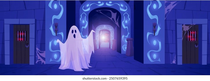 Old castle with a scary ghost and evil spirits with red eyes. Medieval abandoned dungeon with cobwebs, stone walls, doors with bars. Dark magic. Game background. Vector illustration.