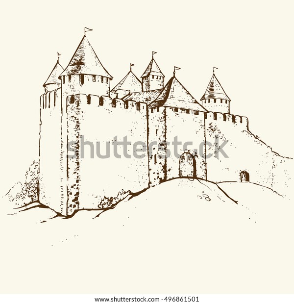 Old Castle Sketch Hand Drawn Line Stock Vector (Royalty Free) 496861501 ...