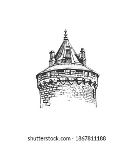 Old castle tower. Hand drawn architectural fragment. Sketches of ancient towers.