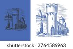 Old castle and tower of a medieval construction. Fortress or Chateau with ruins and walls. Hand drawn engraving in traditional style. Lineart illustration for branding.