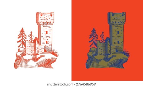 Old castle and tower of a medieval construction. Fortress or Chateau with ruins and walls. Hand drawn engraving in traditional style. Lineart illustration for branding.