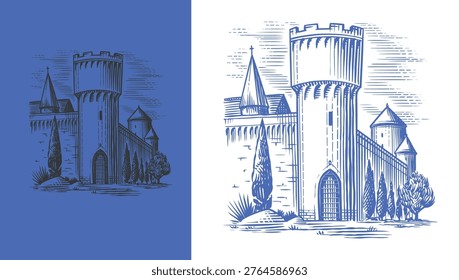 Old castle and tower of a medieval construction. Fortress or Chateau with ruins and walls. Hand drawn engraving in traditional style. Lineart illustration for branding.