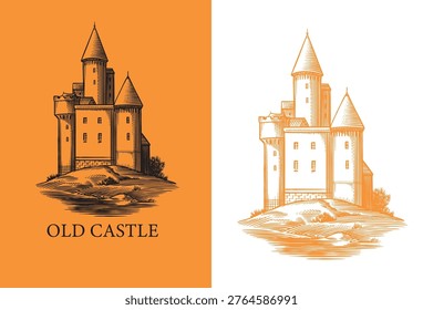 Old castle and tower of a medieval construction. Fortress or Chateau with ruins and walls. Hand drawn engraving in traditional style. Lineart illustration for branding.