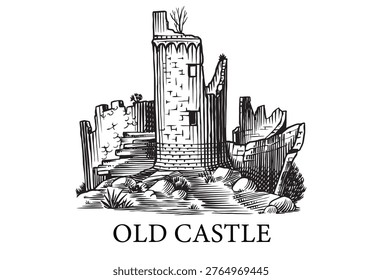 Old castle and tower of a medieval construction. Fortress or Chateau with ruins and walls. Hand drawn engraving in traditional style. Lineart illustration for branding.