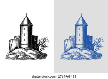 Old castle and tower of a medieval construction. Fortress or Chateau with ruins and walls. Hand drawn engraving in traditional style. Lineart illustration for branding.