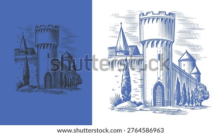 Old castle and tower of a medieval construction. Fortress or Chateau with ruins and walls. Hand drawn engraving in traditional style. Lineart illustration for branding.