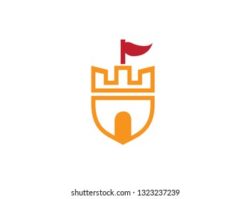 Old Castle Tower in a shield symbol with a flag on the top and big door for logo design illustration