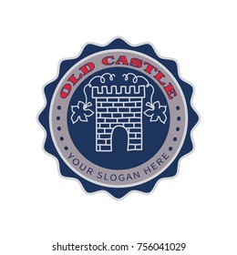 Old castle with towers of brick walls .Round banner with an inscription,sign or logo,brand identity for restaurant,boutique,cafe,hotel,salon.