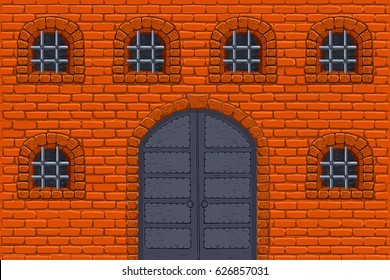 Old castle wall with barred windows and metal doors. Colored sketch. Vector illustration