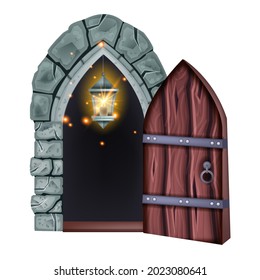 Old castle wooden door, vector medieval dungeon entrance, vintage house open basement entry, lamp. Stone arch portal front view, indoor architecture object, iron handle. Old oak door illustration