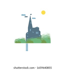 Castillo antiguo en el bosque para postal o póster. Elementos de diseño de arquitectura. Ilustración vectorial plana