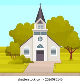 Old Catholic Church isolated. Cartoon vector classic cathedral illustration. Religious building in style of ancient architecture, traditional prayer house with cross on roof