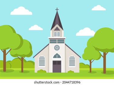 Old Catholic Church isolated. Cartoon vector classic cathedral illustration. Religious building in style of ancient architecture, traditional prayer house with cross on roof