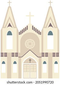 Old Catholic Church isolated on white background. Temple vector classic cathedral illustration. Religious building in style of ancient architecture, traditional prayer house with cross on roof