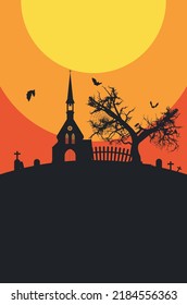 Old catholic church silhouette near spooky tree, minimalist Halloween poster.