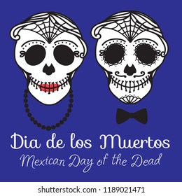 Old Catrina woman and man with make up of sugar skull. Dia de los muertos. Mexican Day of the dead. Vector illustration hand drawing isolated on dark background