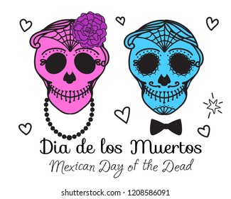 Old Catrina woman and man with make up of sugar skull. Dia de los muertos. Mexican Day of the dead. Vector illustration hand drawing isolated on white background