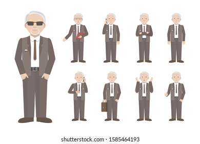 Old Caucasian man standing in different poses. Vector illustration.
