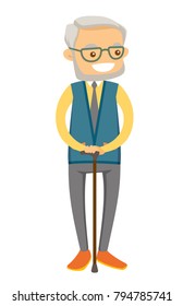 Old caucasian white gray smiling man in eyeglasses holding a walking cane. Vector cartoon illustration isolated on white background.