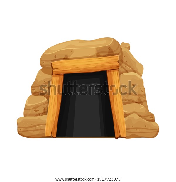 Old cave, mine entrance in cartoon style from\
stones, rocks and wood planks isolated on white background. Dark\
tunnel, underground place.