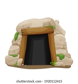 Old cave from stones, rocks with moss and grass in cartoon style isolated on white background. Entrance from wood planks, dark mystery tunnel. Location, construction, clipart, ui asset.