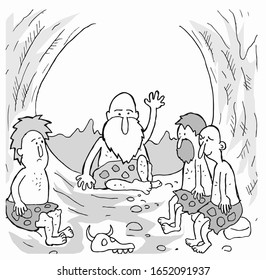 der alte Caveman spricht mit den Jungen. Cartoon.