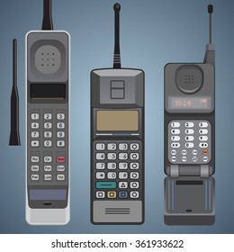 Old Cell Phones flat style vector; Set of old mobile cell phones high detailed front view