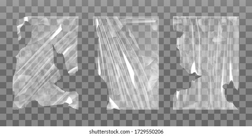 Old cellophane stretch film with torn edges and wrinkles. Vector realistic mockup of dirty clear polyethylene, crumpled elastic foil material isolated on transparent background