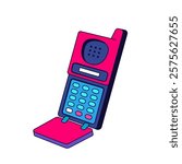 Old cellular phone icon or vector retro mobile device. Vintage 90s telecommunication tool with antenna. Nostalgic accessory for conversation. Clipart for gadget or pop art technology sign. Cellphone.