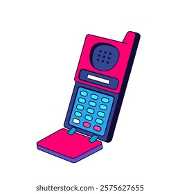 Old cellular phone icon or vector retro mobile device. Vintage 90s telecommunication tool with antenna. Nostalgic accessory for conversation. Clipart for gadget or pop art technology sign. Cellphone.