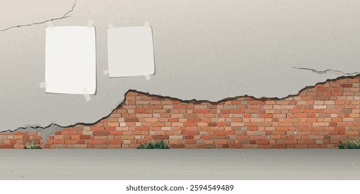 The old cement wall has been plastered until the plaster has cracked and revealed the brick inside have blank poster with the sidewalk graphic illustration.