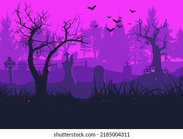 Old cemetery in bright pink violet colours, halloween background. Scary trees, bats, tombstones and crow	