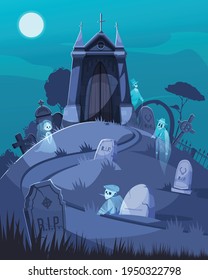 Old cemetery chapel and ghosts walking among tombstones cartoon vector illustration