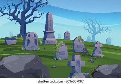 Old cemetery colored composition creepy cemetery during the day with no visitors vector illustration