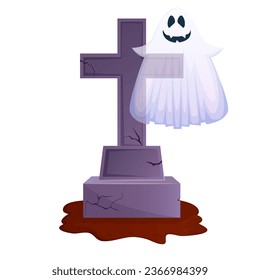 Old cemetery cross with flying ghost in front of it
