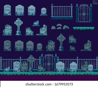Old Cemetery Design elements. Pixel art Fence, Gates, Gravestones, Stones and Grass