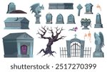 Old cemetery elements. Ancient gravestones, family crypt, stone gargoyle and cast iron fence with gates, dry creepy tree, halloween decorative elements, tidy vector isolated set